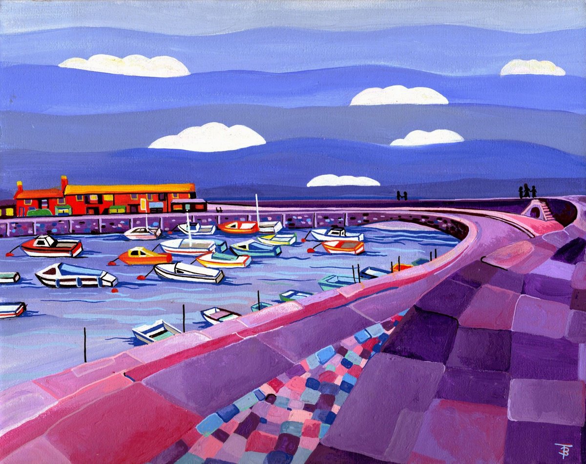 Geometric Landscape Acrylic Painting By Tiffany Budd, 14 X 11", The Cobb-Lyme Regis, Original Artwork