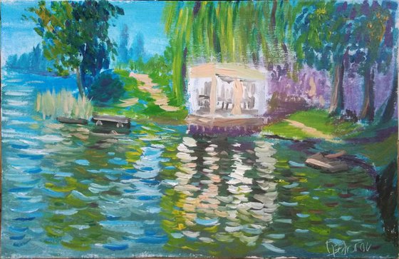 Cafe on the Pond in the Village Plein Air Painting