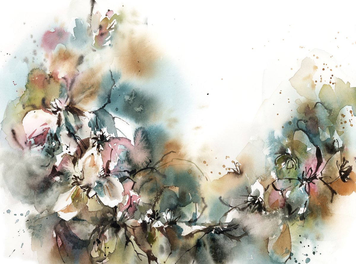 Abstract florals in teal and blush pink by Sophie Rodionov