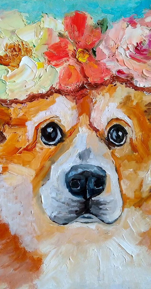 Summer mood, Corgi Painting Original Art Dog Artwork Pet Portrait Floral Wall Art by Yulia Berseneva