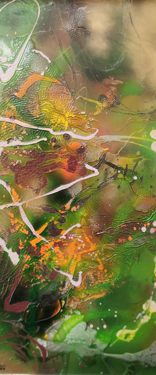 Wind and flowers in a Tibet garden 1 beautiful mixed media on wood action painting by KLOSKA by Kloska Ovidiu
