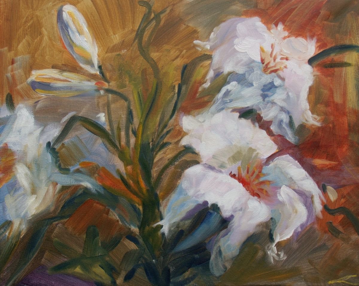 Impressionistic Botanical Oil Painting By Elena Sokolova, 20 X 16, Lily, Original Artwork