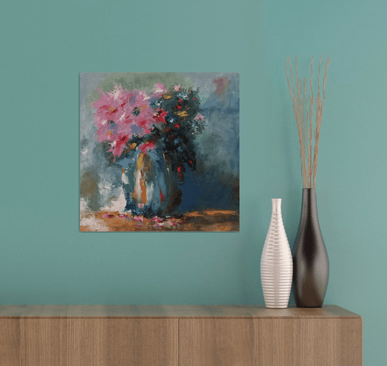 Modern still life oil painting. Flowers in vase. Gift for mother