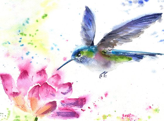 Hummingbird illustration original watercolor painting, bright bird artworc, impressionistic wall art