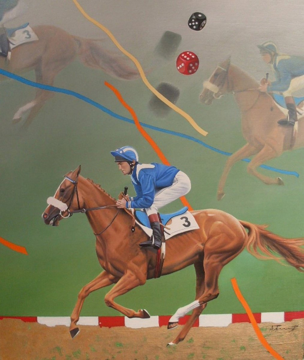 Photorealistic Animal Oil Painting By Alexander Titorenkov, 20 X 24, Horse Race, Original Artwork