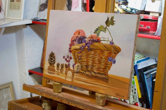 The basket of fruits, Original Still Life by Anne Zamo