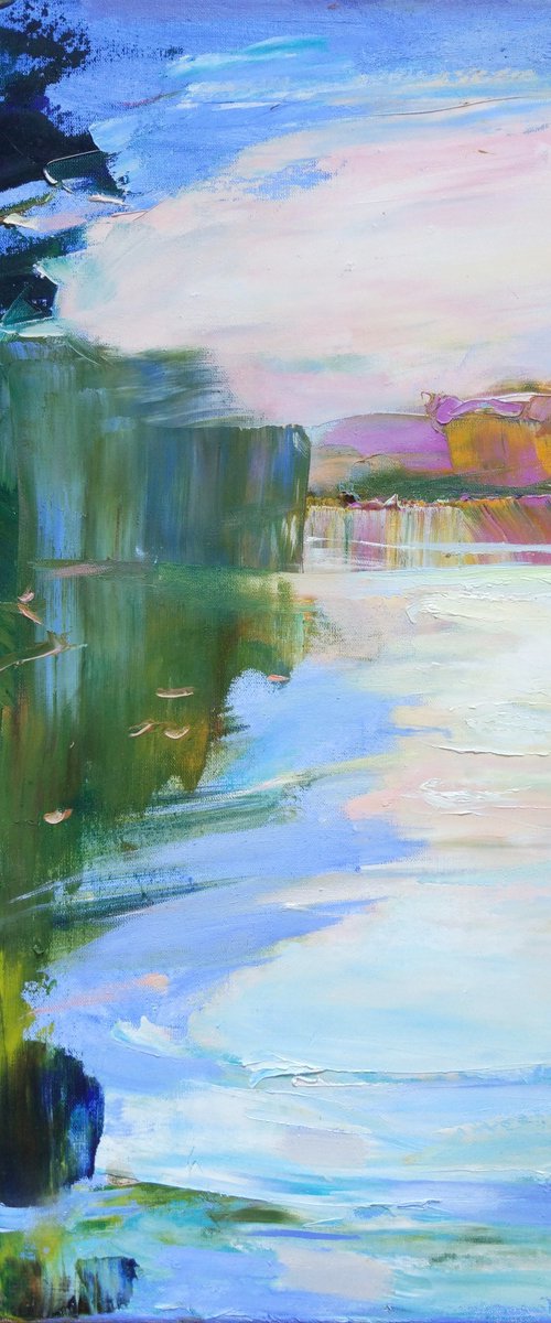 By the lake. Reflection of the sky in the water . Original oil painting by Helen Shukina