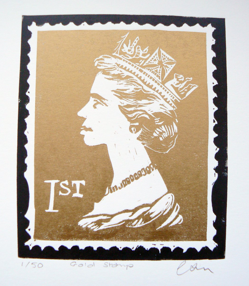 Gold stamp (linocut print of a first class stamp in gold ink) by Carolynne Coulson