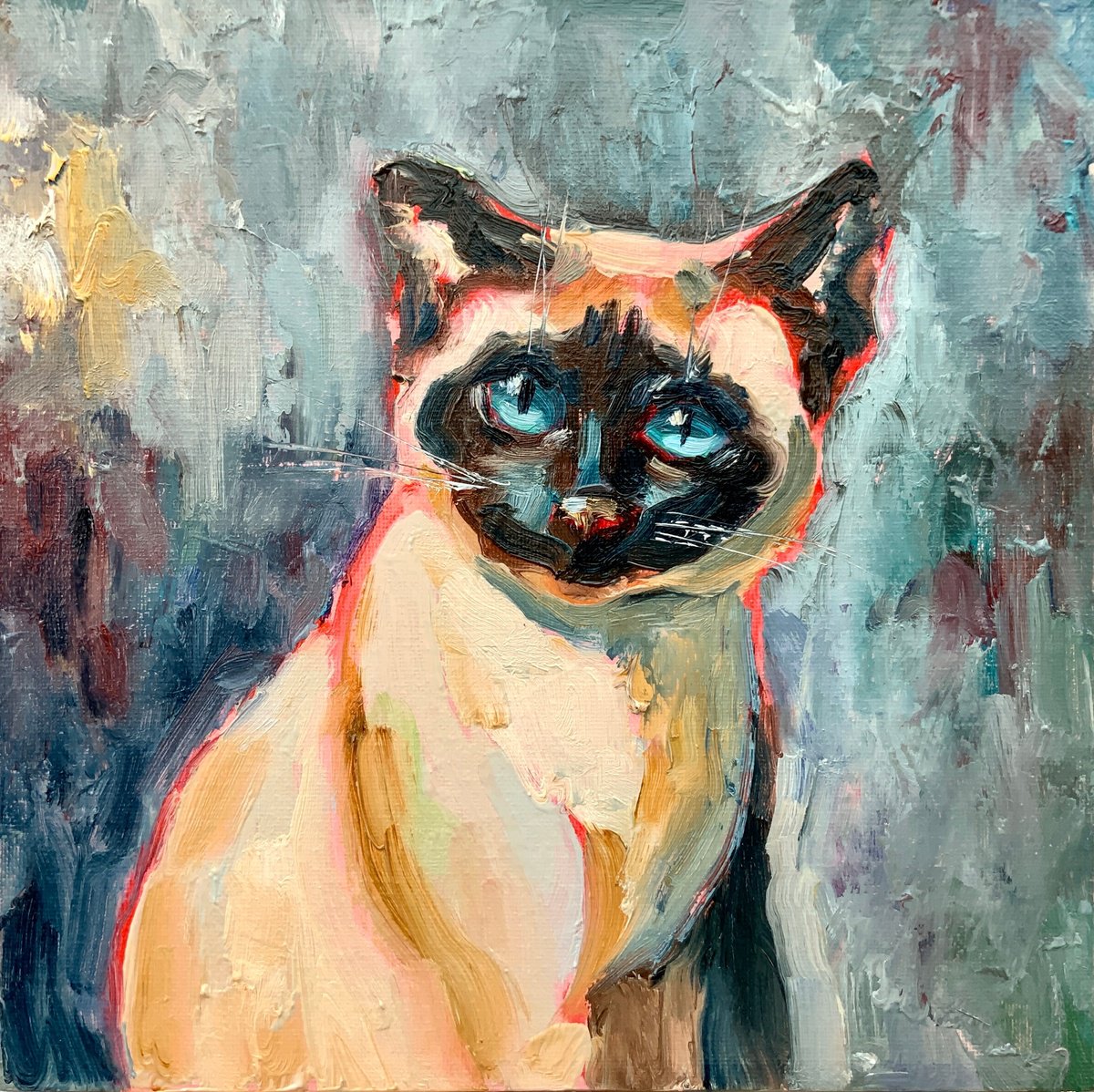 Impressionistic Animal Oil Painting By Alexandra Jagoda (Ovcharenko), 10 X 10, Siamese Cat With Azure Eyes, Original Artwork