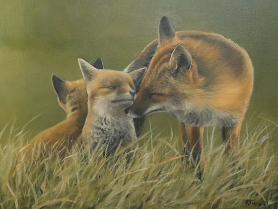 Fox Family, Foxes Oil Artwork, by UK Artist Alex Jabore, Impressionism, Fox Lover Gift