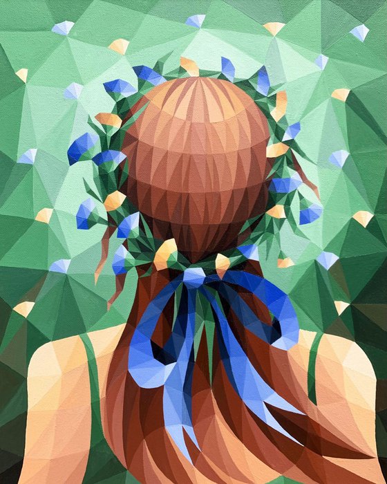 GIRL WITH FLORAL WREATH WITH BLUE RIBBON