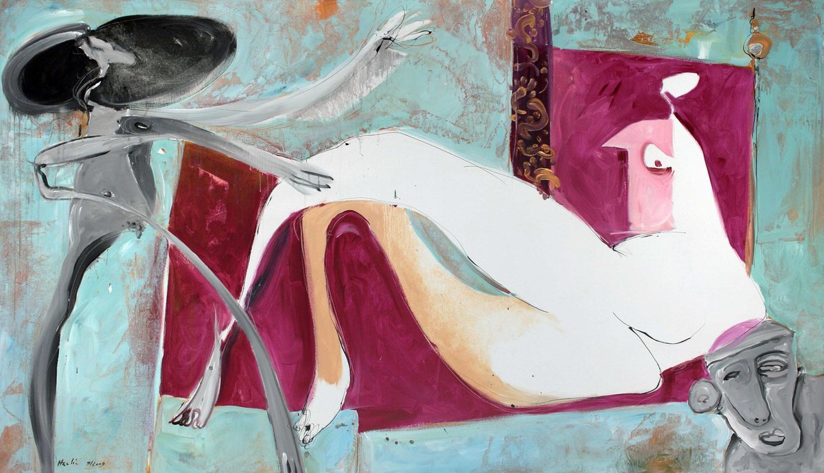 Portrait Acrylic Painting By Jiri Havlik, 79 X 45, Self Portrait And Two Women, Original Artwork