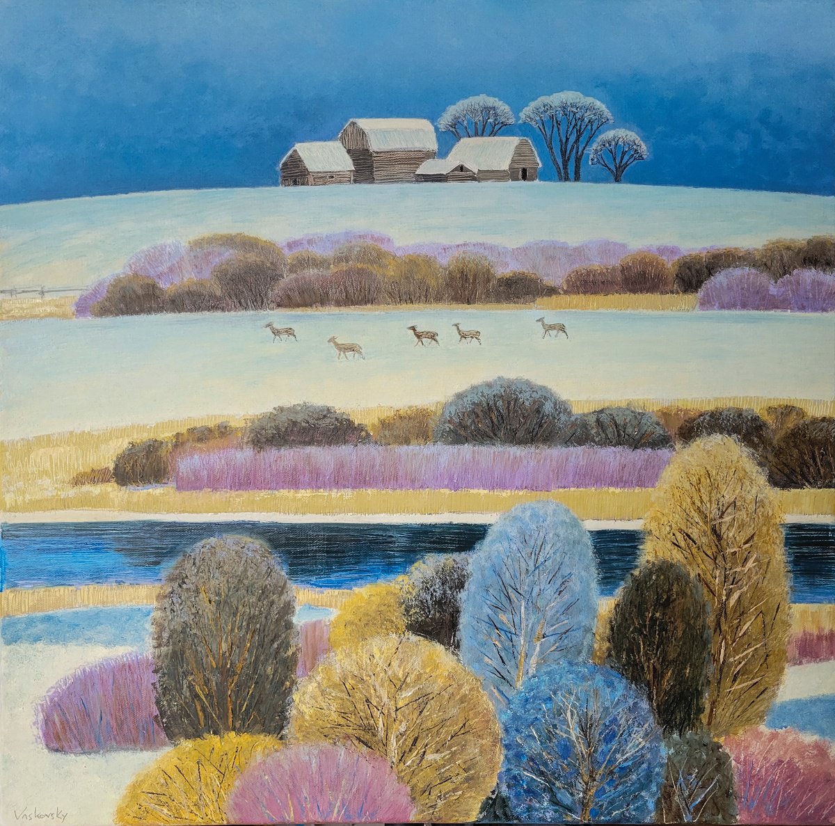 Naive Oil Painting , Over The Farm By Vadim Vaskovsky, 24 X 24, Artwork For Sale On Artfinder