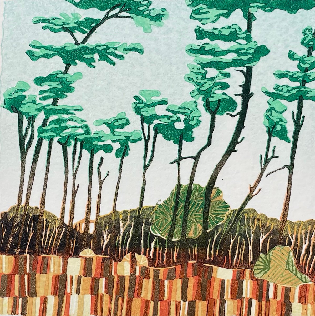 Sutton Hoo, woodland walk - Tree Line Linocut Print - Mini Print by C Staunton