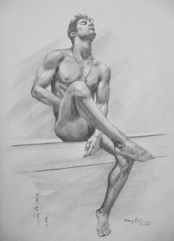 original art drawing charcoal male nude man on paper #16-3-29-01