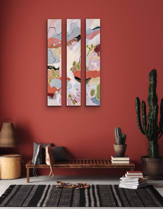 Tucson - Triptych - Vertical work in earth tones - Ready to hang