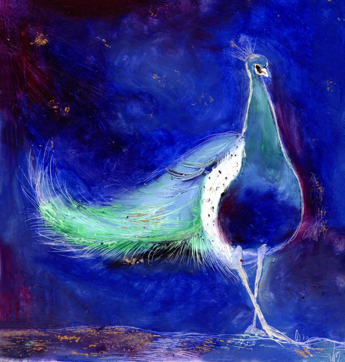 Peacock Blue, 2013, (oil & gold leaf on card) by Nancy M Chara