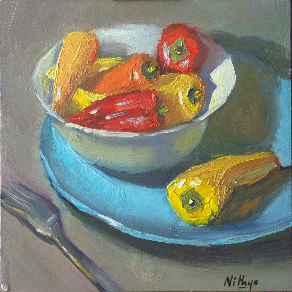 Small Painting - Peppers in a bowl! - Kitchen Decor, Home Decor by Nithya Swaminathan