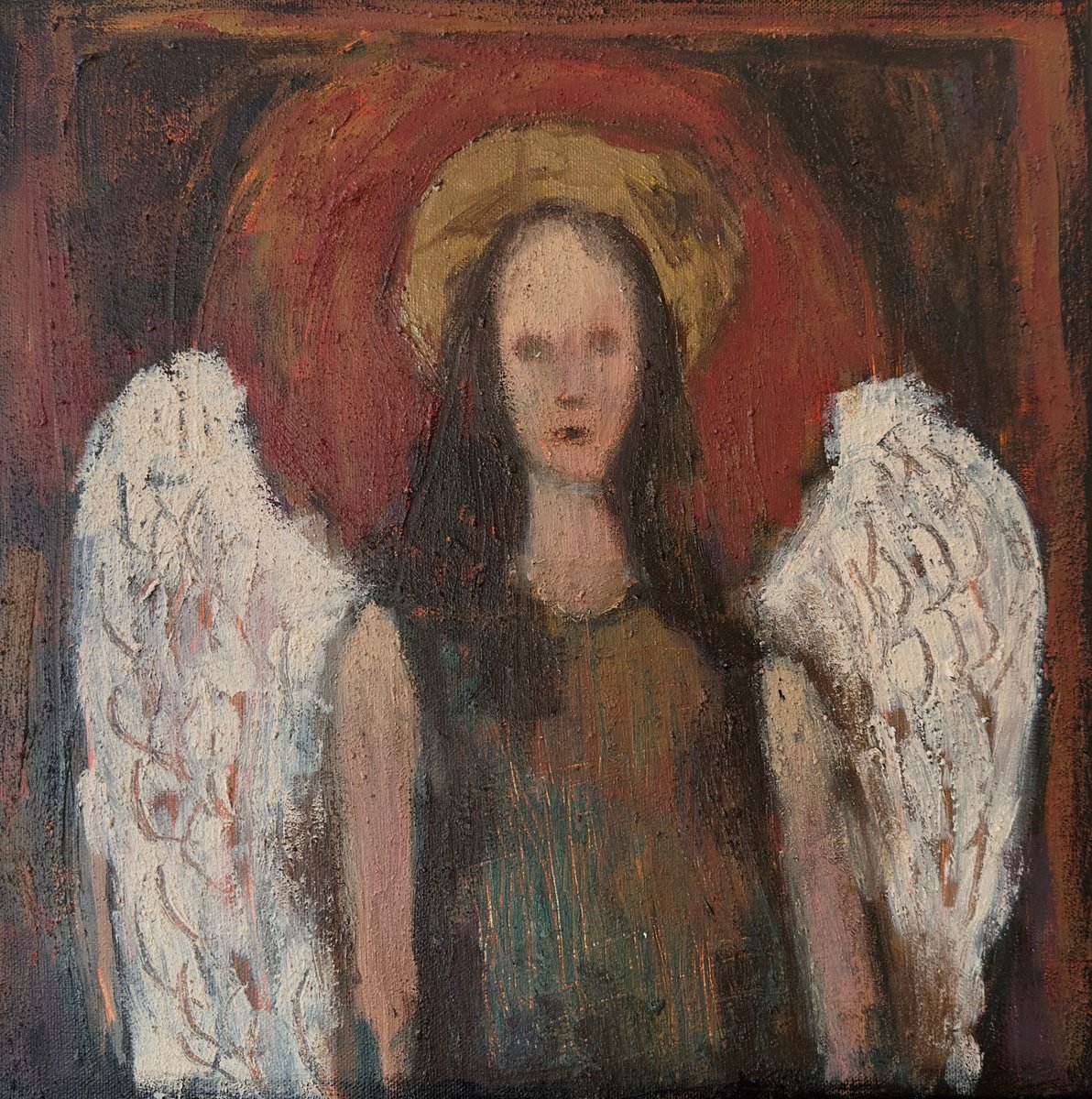 Impressionistic Portrait Acrylic Painting By Nikola Gulev, 16 X 16", "Guardian Angel", Original Artwork