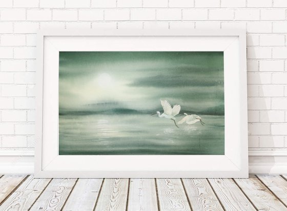 Serenity -  lake -  flying egrets - white egret - original watercolor landscape - white herons