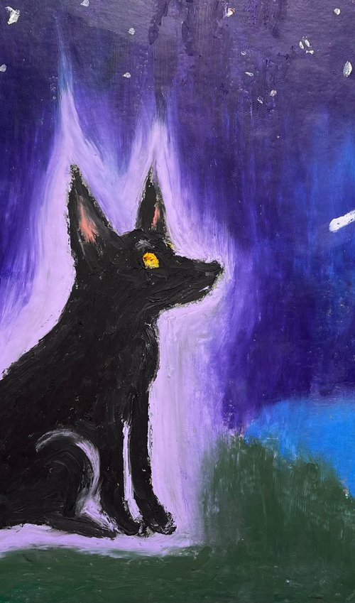 Black Dog Painting, Original Oil Pastel Drawing, Ghost Illustration, Halloween Wall Art by Kate Grishakova