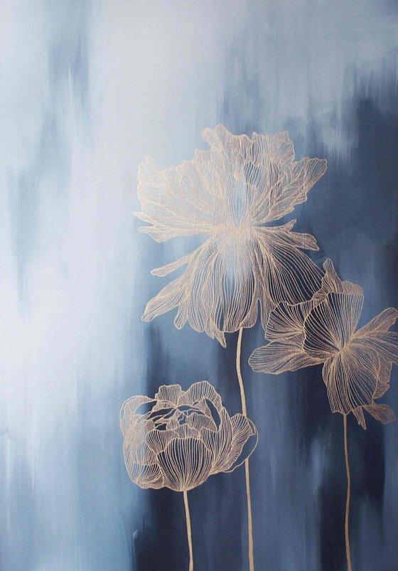 "Thinness 3" Navy gold flower abstract art