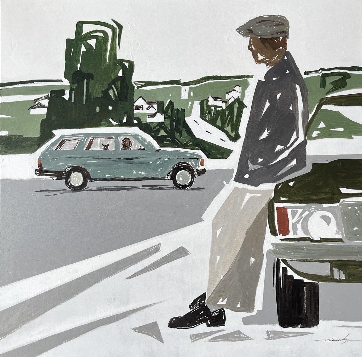 Naive Portrait Acrylic Painting By Jacob Burda, 36 X 36, Meeting Point, Original Artwork