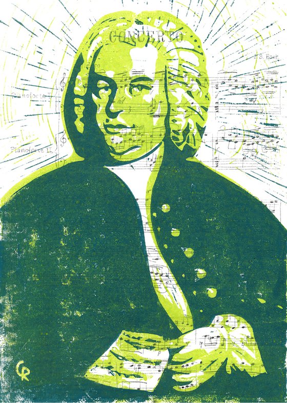 Composers - Bach - Portrait on notes in green and green