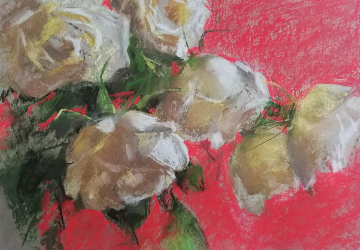 Impressionistic Botanical Pastel Drawing By Silja Salmistu, 11 X 8", White Roses, Original Artwork