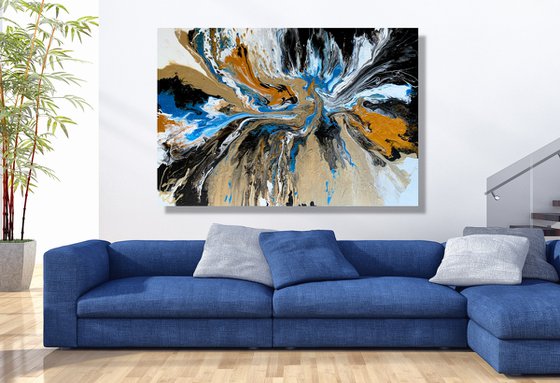 The Shining of Gold #6 - LARGE, VIBRANT, WHITE , GOLD, BLACK & BLUE ABSTRACT ART – EXPRESSIONS OF ENERGY AND LIGHT. READY TO HANG!