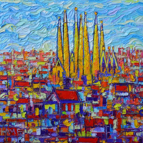 BARCELONA ABSTRACT CITYSCAPE 5 - SAGRADA FAMILIA IN LIGHT  impasto contemporary impressionist palette knife oil painting