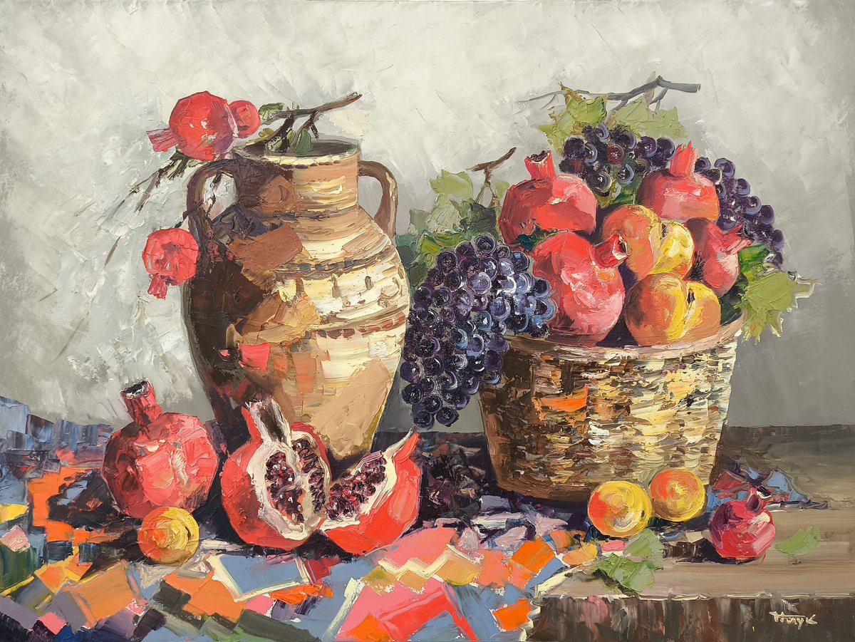 Impressionistic Still Life Oil Painting By Hayk Miqayelyan, 31 X 24, The Taste Of Armenia, Original Artwork