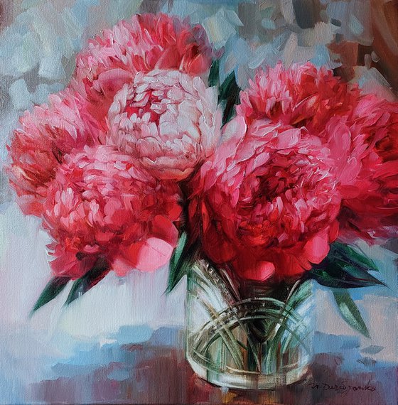 red peony oil painting