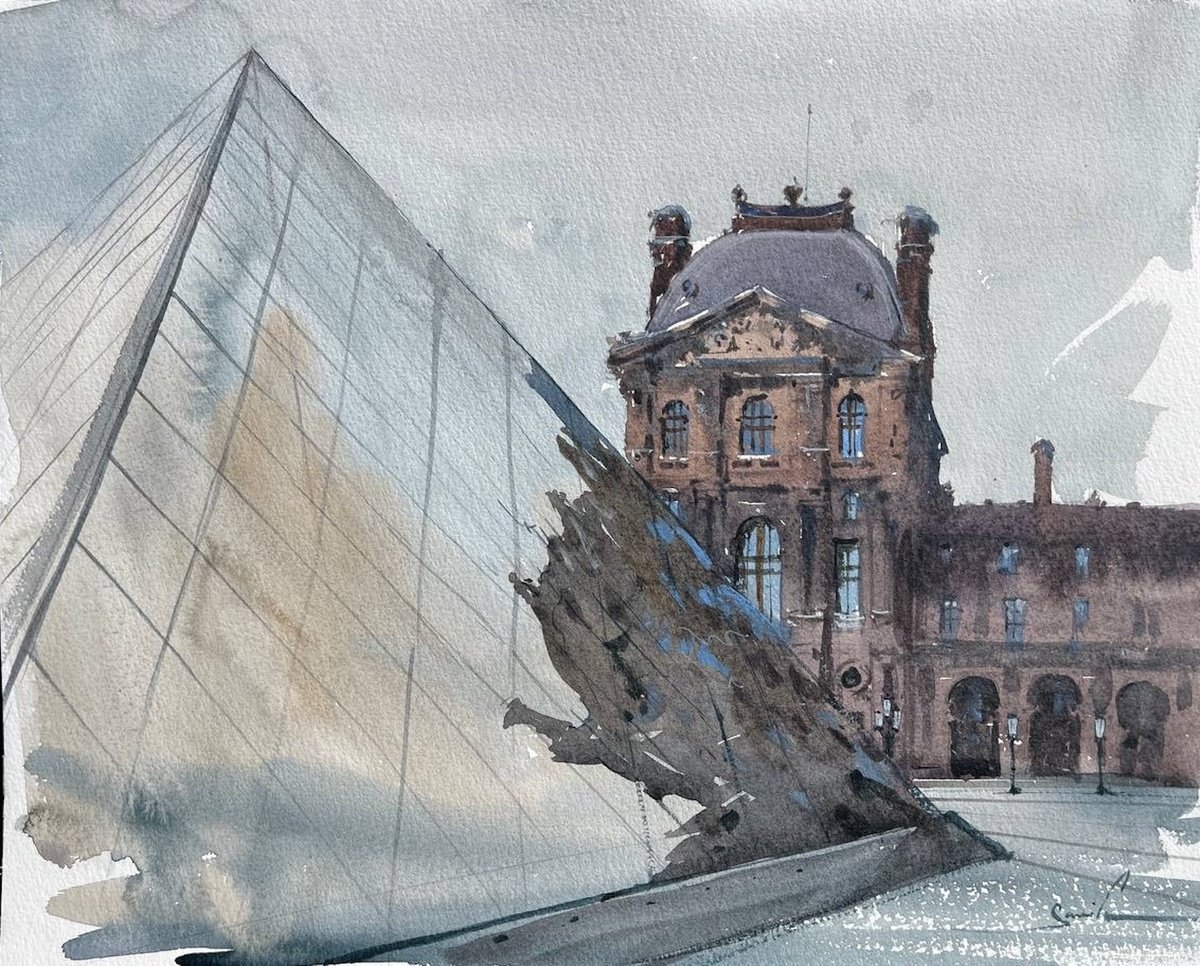 Graphic Cityscapes Watercolour By Samira Yanushkova, 12 X 9", Louvre Paris France Cityscape, Original Artwork