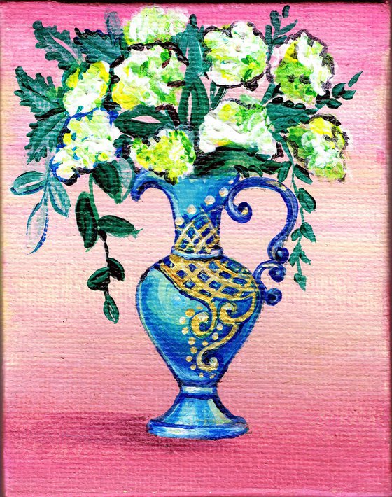 flowers in blue laced golden vase, original acrylic miniature painting, still life