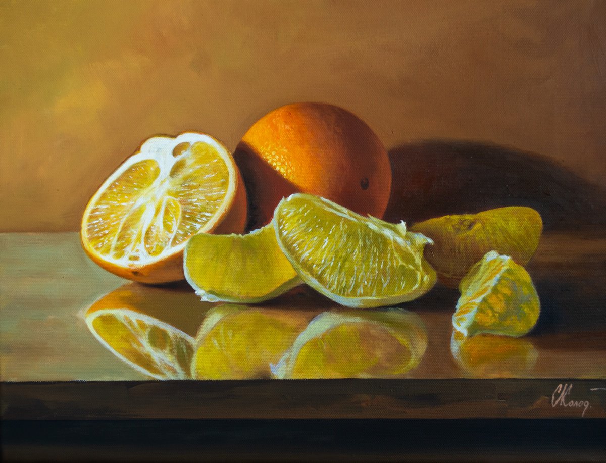 Photorealistic Still Life Oil Painting By Kolodyazhniy Sergey, 16 X 12", Still Life With Orange, Original Artwork