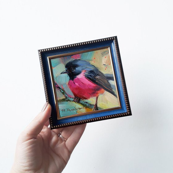 Pink Robin bird art, Bird painting original, Miniature bird painting in oil