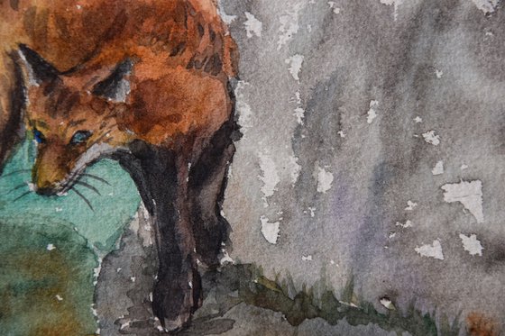 Fox original watercolor painting, fox painting, mountain landscape, animalistic wall art