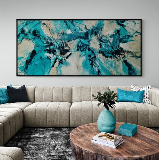 Creamed Honey Rush 270cm x 120cm Cream Teal Textured Abstract Art