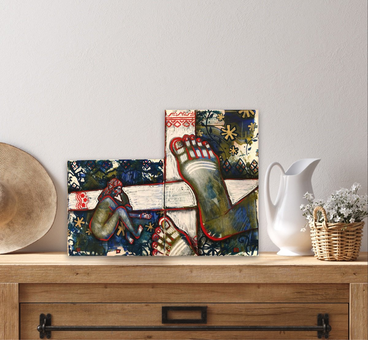 Naive Portrait Acrylic Painting By Yuliia Chaika, 16 X 12", «Rethinking” Small Painting, Original Artwork