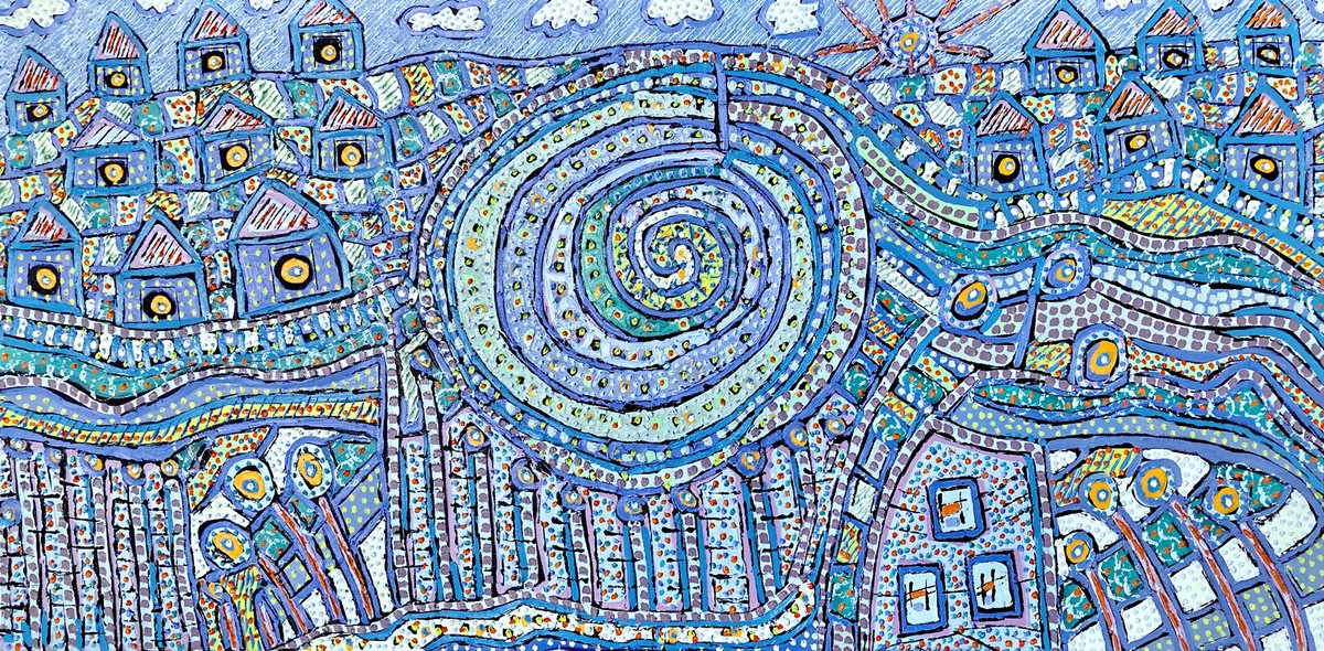 Naive Cityscapes Oil Painting By Ann Parks Mccray, 48 X 24, Lazy-Day Walkabout, Original Artwork