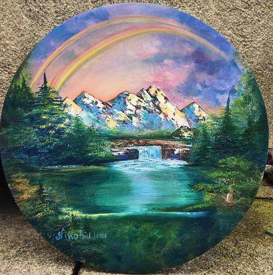 Rainbow in mountains - original mountain landscape oil art painting on stretched canvas