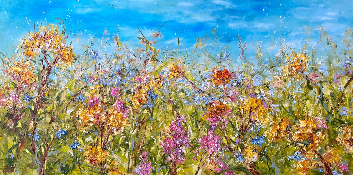 Impressionistic Botanical Oil Painting By Diana Malivani, 47 X 24, Summer Grass, Original Artwork