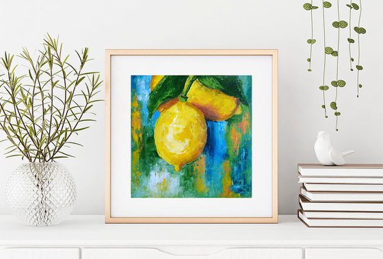 Lemon Painting Original Art Fruit Artwork Citrus Wall Art Small Square Kitchen Decor