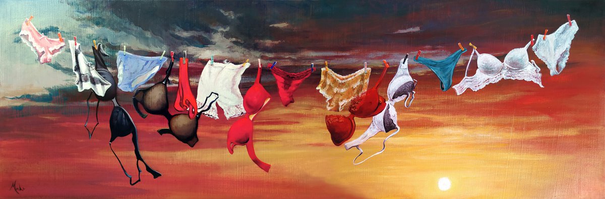 Surrealistic Still Life Oil Painting By Isabel Mahe, 47 X 16, Lingerie - At Sunset, Original Artwork