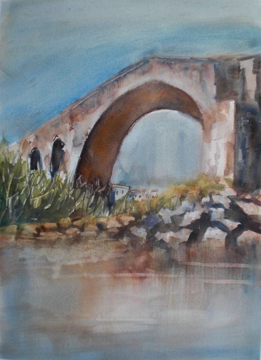 Expressive Landscape Watercolour By Giorgio Gosti, 14 X 20, The Bridge, Original Artwork