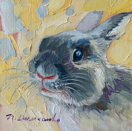 Yellow rabbit painting original framed 4x4, Small painting framed cute rabbit artwork