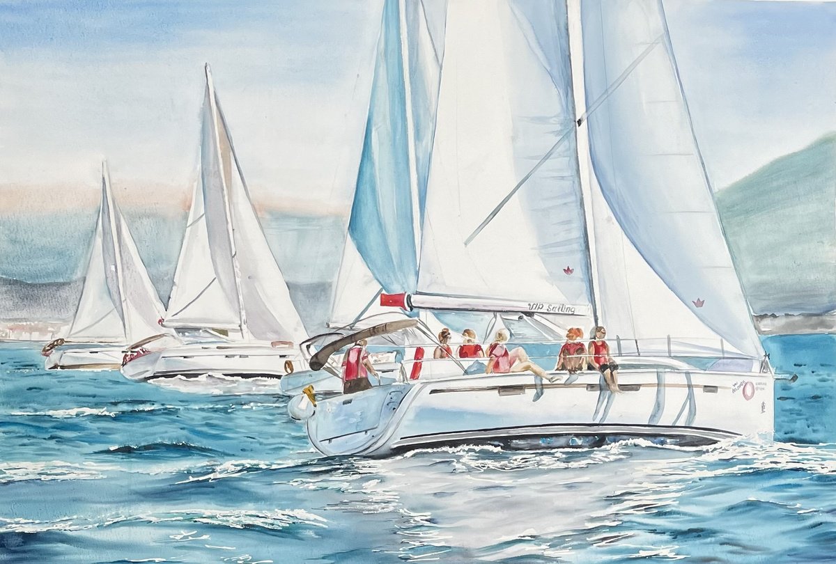 Photorealistic Landscape Watercolour By Irina Ponna, 39 X 28, - On The Yacht - ?, Original Artwork