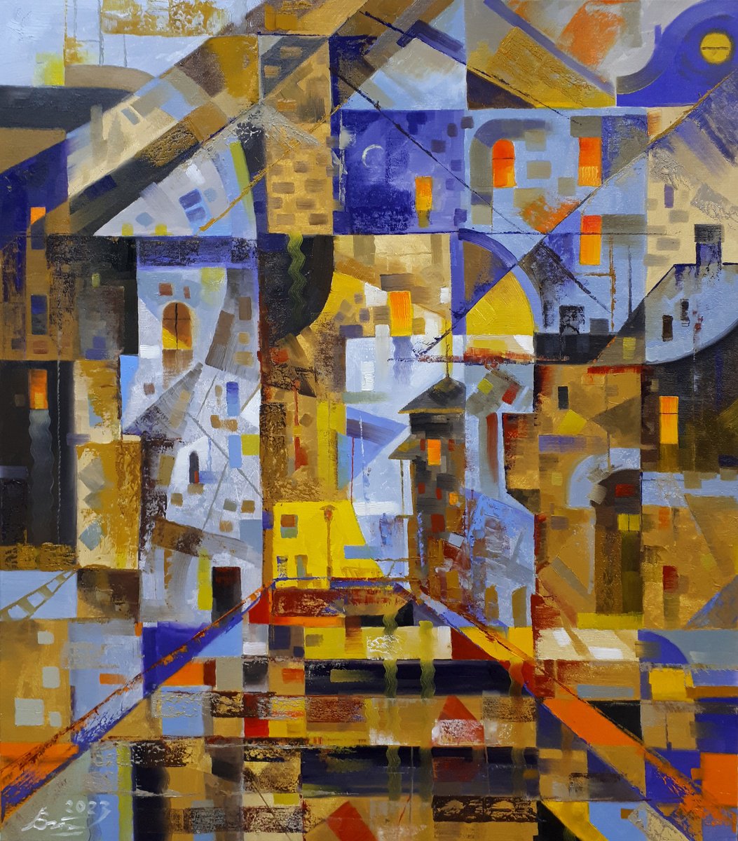 Abstract Oil Painting By Serhii Voichenko, 28 X 32", Old Town In The Evening, Original Artwork