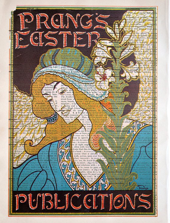 Prang's Easter Publications - Collage Art Print on Large Real English Dictionary Vintage Book Page